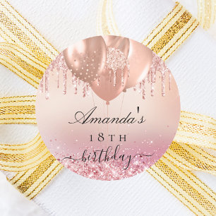 Birthday rose gold blush pink glitter name balloon classic round sticker