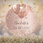 Birthday rose gold blush pink name balloons ceramic tree decoration<br><div class="desc">An ornament for a girly and glamorous 21st (or any age)  birthday. A rose gold,  pink gradient background with faux sparkles and balloons. Personalize and add a date,  a name and age.</div>
