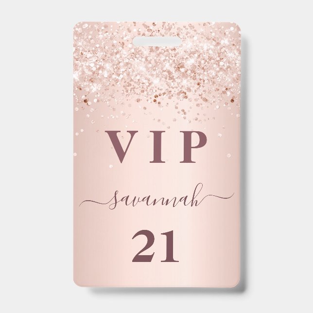 Birthday rose gold blush pink name vip  ID badge (Front)