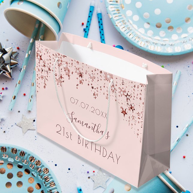 Birthday rose gold blush pink stars monogram large gift bag (Creator Uploaded)