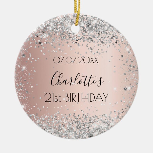 Birthday rose gold blush silver glitter name ceramic tree decoration (Front)