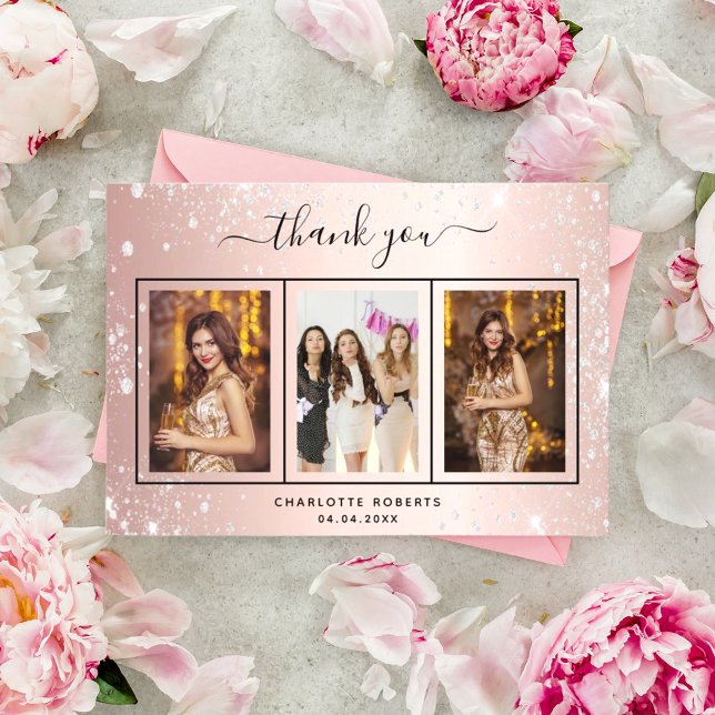 Birthday rose gold blush silver glitter photo thank you card (Creator Uploaded)