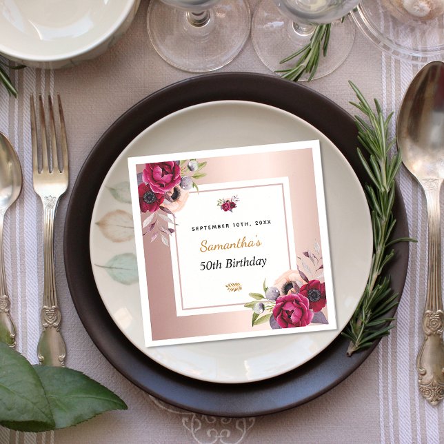 Birthday rose gold burgundy floral elegant napkins (Creator Uploaded)