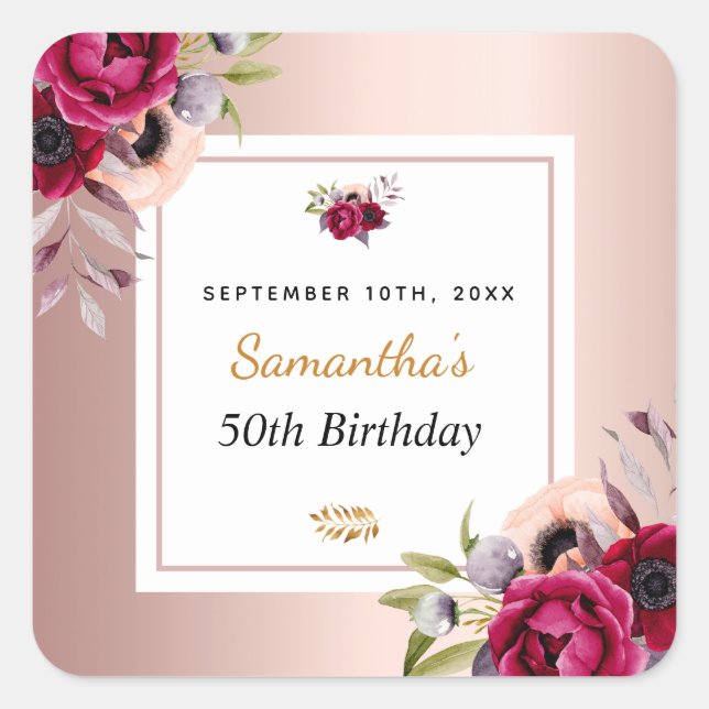 Birthday rose gold burgundy floral elegant square  sticker (Front)