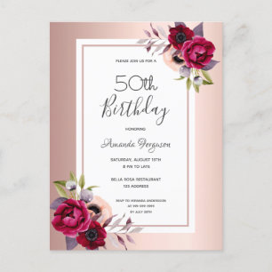 Birthday rose gold burgundy floral invitation postcard