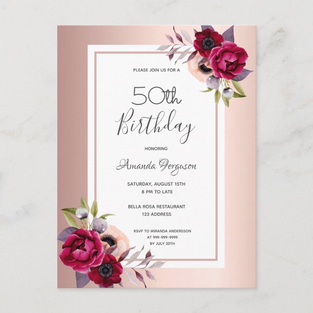 Birthday rose gold burgundy floral invitation postcard (Front)