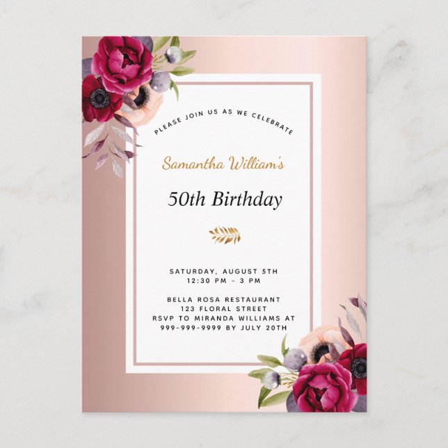 Birthday rose gold burgundy floral invitation postcard (Front)