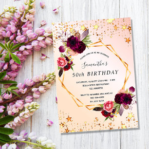 Birthday rose gold burgundy florals invitation postcard