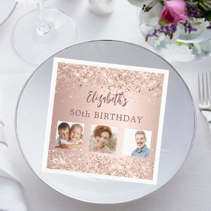 Birthday rose gold confetti photo napkin