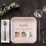 Birthday rose gold confetti photo paper plate<br><div class="desc">For a girly and glamourous 50th (or any age) birthday party. A rose gold gradient background decorated with confetti. The text: The name is written in dark rose gold with a large modern hand lettered style script. Personalise and add name, age 50 and 3 of your own photos of the...</div>