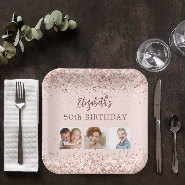 Birthday rose gold confetti photo paper plate (Creator Uploaded)