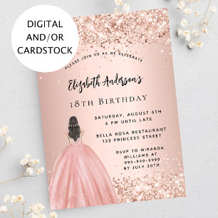 Birthday rose gold confetti princess dress invitation