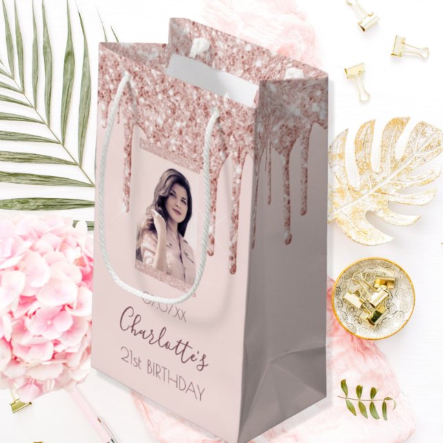 Birthday rose gold custom photo pink medium gift bag (Creator Uploaded)