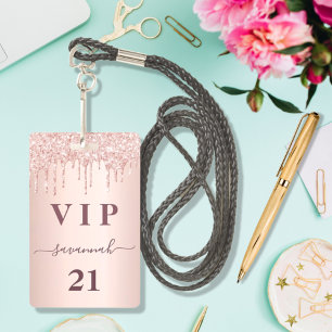 Birthday rose gold drips pink glam vip ID badge