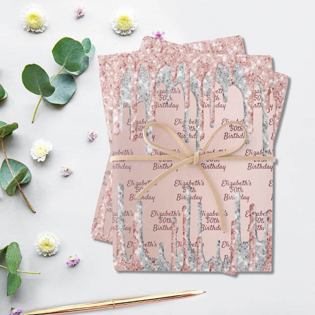 Birthday rose gold drips pink silver name wrapping paper sheet (Creator Uploaded)