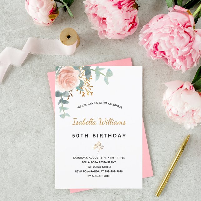 Birthday rose gold eucalyptus greenery floral invitation (Creator Uploaded)