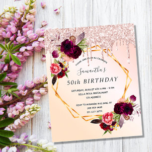 Birthday rose gold floral budget invitgation flyer