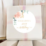 Birthday rose gold floral eucalyptus greenery classic round sticker<br><div class="desc">For an elegant 21th (or any age) birthday party. A stylish white background. Decorated with green watercolored rose gold and blush pink floral,  rose,  eucalyptus leaves,  sprigs,  greenery,  faux gold leaves.  Personalise and add a name and age.</div>