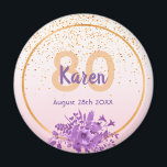 Birthday rose gold floral save the date magnet<br><div class="desc">Glamourous with elegant and modern rose gold, blush pink gradient backdrop for a 80th birthday. With a faux gold frame, and ultra violet and purple coloured watercolored flowers and golden confetti rain. Templates for name, age and date, purple and golden coloured letters. Perfect as party favour or as a save...</div>