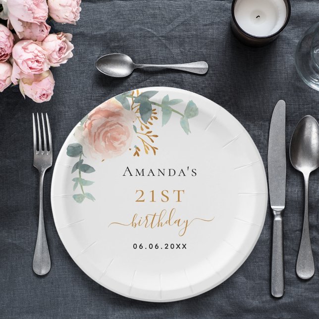 Birthday rose gold florals eucalyptus name  paper plate (Creator Uploaded)