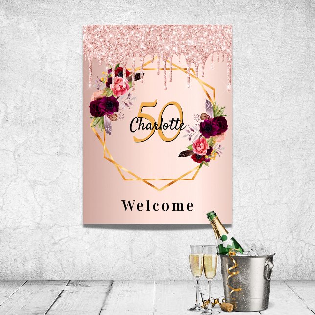 Birthday rose gold florals glitter geo welcome poster (Creator Uploaded)