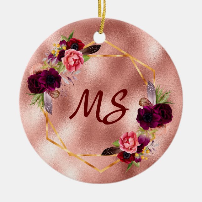 Birthday rose gold flowers monogram friends ceramic tree decoration (Front)