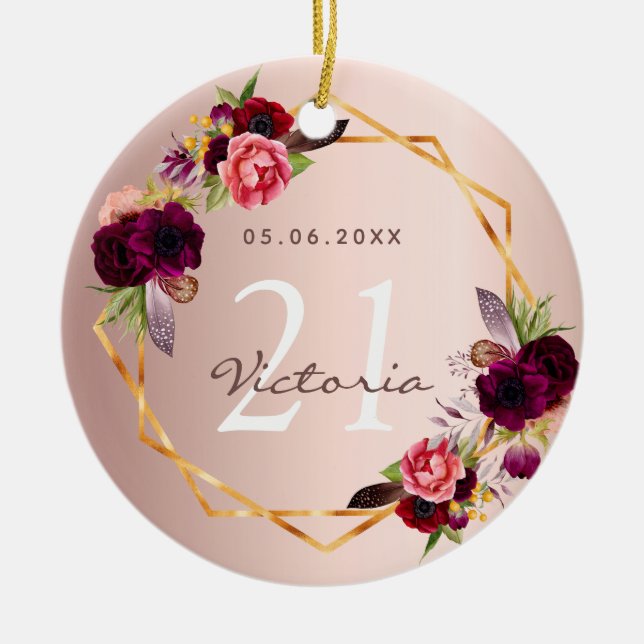 Birthday rose gold geometric burgundy florals chic ceramic tree decoration (Front)