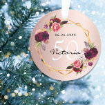 Birthday rose gold geometric burgundy florals chic ornament<br><div class="desc">An ornament for a girly and glamorous 50th (or any age) birthday. A rose gold gradient background. A faux gold geometric frame and watercolored flowers, florals in burgundy, pink and rose gold. Personalize and add a date, name and age 50. The text: The name is written in dark rose gold...</div>