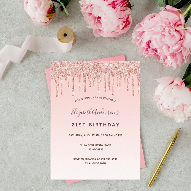 Birthday rose gold glitter blush pink invitation postcard (Creator Uploaded)