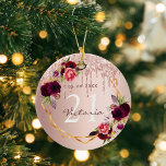 Birthday rose gold glitter burgundy flowers ceramic tree decoration<br><div class="desc">An ornament for a girly and glamourous 21st (or any age) birthday. A rose gold gradient background with rose gold faux glitter drips, paint dripping look. A faux gold geometric frame and watercolored flowers, florals in burgundy, pink and rose gold.Personalise and add a date, name and age 21. The text:...</div>