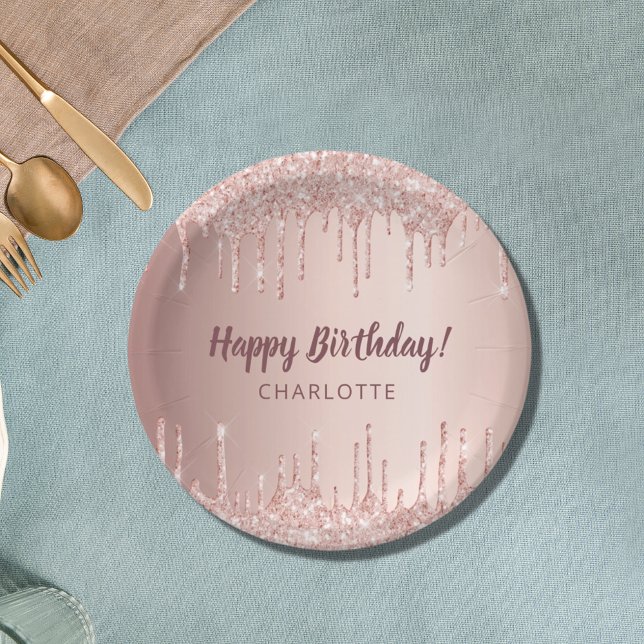 Birthday rose gold glitter drip monogram luxury paper plate (Creator Uploaded)