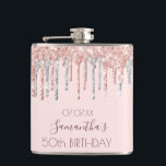 Birthday rose gold glitter dripping silver friends hip flask<br><div class="desc">A gift for a girly and glamourous 50th (or any age) birthday party. A light rose gold, pink background with elegant faux rose gold and silver glitter drips, paint drip look. The text: The name is written in dark rose gold with a large modern hand lettered style script. Personalise and...</div>