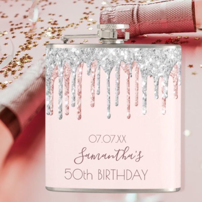 Birthday rose gold glitter dripping silver friends hip flask (Creator Uploaded)