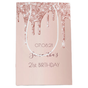 Birthday rose gold glitter drips luxury girly medium gift bag