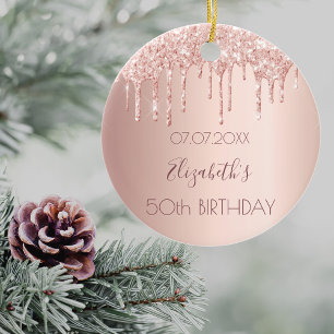 Birthday rose gold glitter drips pink 50 ceramic tree decoration