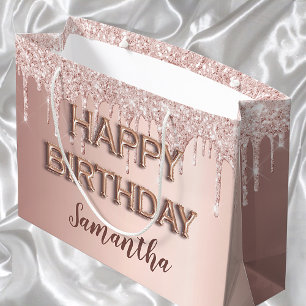Birthday rose gold glitter drips pink monogram  large gift bag