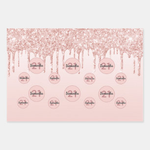 Birthday rose gold glitter drips pink monogram wrapping paper sheet