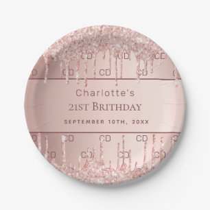 Birthday rose gold glitter monogram initials name paper plate