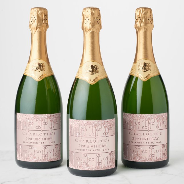 Birthday rose gold glitter monogram initials  sparkling wine label (Bottles)