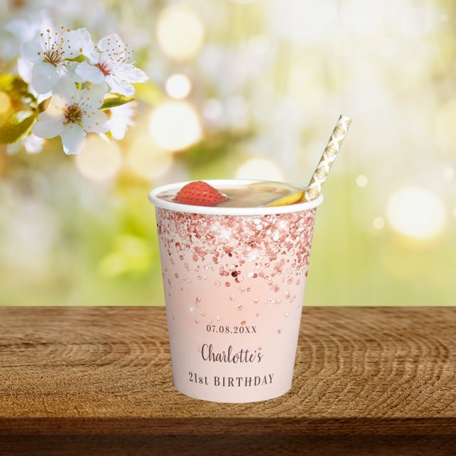 Birthday rose gold glitter monogram name paper cups (Creator Uploaded)