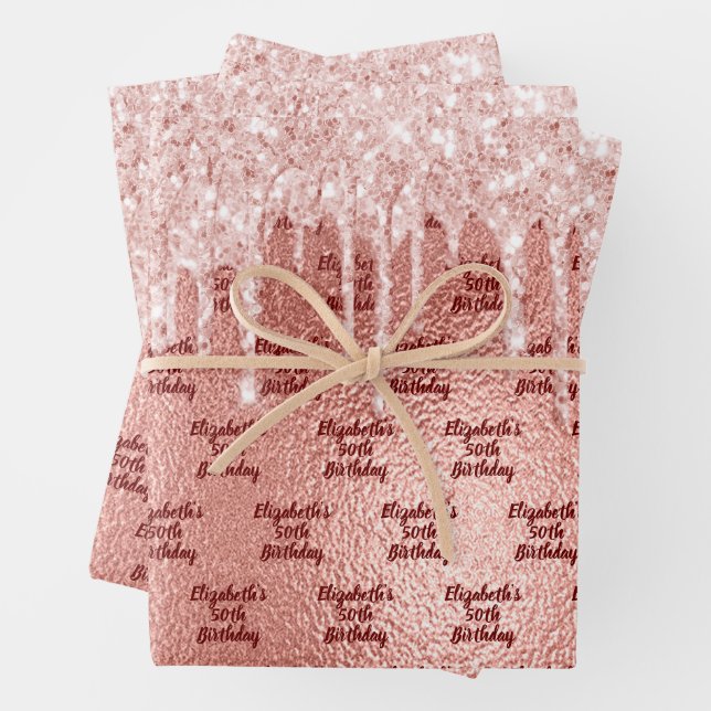 Birthday rose gold glitter pink drips monogram wrapping paper sheet (In situ)