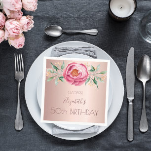 Birthday rose gold glitter pink florals napkin