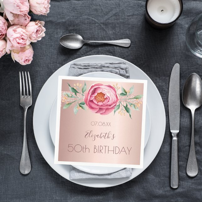 Birthday rose gold glitter pink florals napkin (Creator Uploaded)