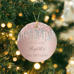 Birthday rose gold glitter pink friends silver ceramic tree decoration<br><div class="desc">An ornament for a girly and glamorous 21st birthday as a gift from her friends or parents. A rose gold, pink gradient background with rose gold and faux silver glitter drips, paint dripping look. On front: Personalize and add a date, a name and age. The name is written in dark...</div>