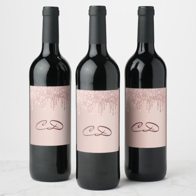Birthday rose gold glitter pink monogram initials wine label (Bottles)