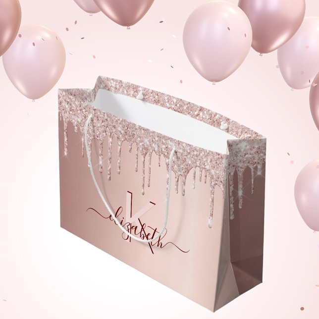Birthday rose gold glitter pink monogram script large gift bag (Creator Uploaded)