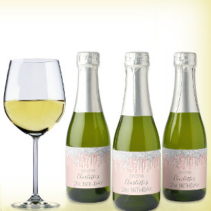 Birthday rose gold glitter pink sparkle silver sparkling wine label