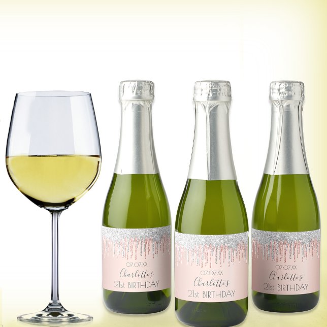 Birthday rose gold glitter pink sparkle silver sparkling wine label (Creator Uploaded)