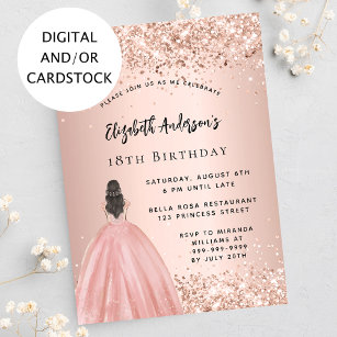Birthday rose gold glitter princess dress invitation