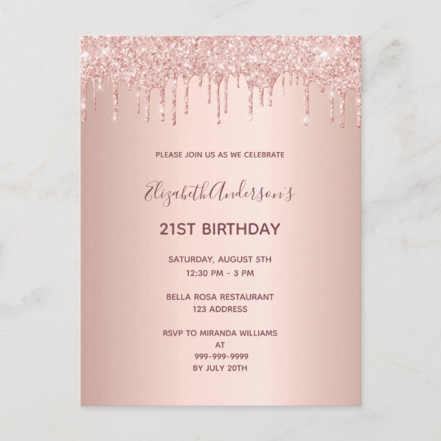Birthday rose gold invitation postcard (Front)